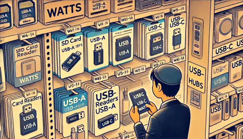 ワッツの100円ショップで、USB-AとType-C対応のSDカードリーダーを手に取り比較している日本人の様子。棚にはUSBハブや各種ガジェットが並び、パッケージを丁寧に確認しているイラスト。