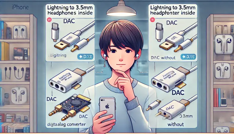 日本人の男女が、Lightningから3.5mmに変換するアダプタを比較し、DAC内蔵タイプと非内蔵タイプの違いを検討している教育的なイラスト。iPhoneを手にしながら、変換の仕組みや使える条件を確認している様子が描かれている。明るく整理された室内。