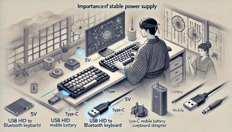 USB HID→Bluetooth変換アダプタに安定した5V給電を行う様子を描いたイラスト。日本人男性がモバイルバッテリーやUSB充電器を用いてアダプタに電源を供給している場面で、電源供給の重要性が強調されている。