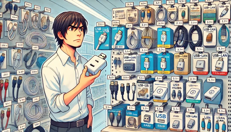 日本の100円ショップでUSB関連アイテムを見ている日本人男性が、USB-to-USBアダプタをUSB LANアダプタと勘違いして戸惑っている様子。棚には中継コネクタやUSBハブが並ぶ。