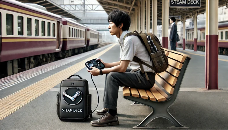 駅のベンチに座り、Steam Deckを手に持つ日本人男性。周囲を見渡しており、プレイはしていない様子。機動型ではなく搬送型ポータブルとしての使用スタイルを象徴。