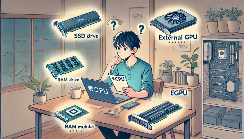 外付けCPUの代替案としてSSD、メモリ、eGPUを検討する日本人男性のイラスト。浮かぶ部品が代替手段を象徴している。