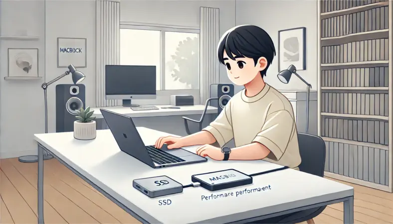日本人がMacBookに外付けSSDを接続してパフォーマンス改善に満足しているイラスト。コンパクトなSSDがデスク上に置かれた、モダンな自宅オフィスの風景。