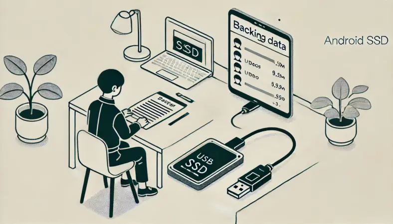 日本人ユーザーがスマートフォンスタンドに置いたAndroid端末と外付けSSDを接続し、動画やドキュメントなどの大容量データを安全にコピーしている様子。USB-C接続でスムーズにバックアップ作業を行う、整理されたデスク上のシーン。