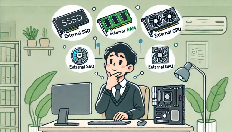 外付けCPUの代替策として、外付けSSD、メモリ、eGPUを比較検討する日本人男性のイラスト。ホームオフィス環境で思案する姿と、各デバイスのアイコンが浮かんでいる。