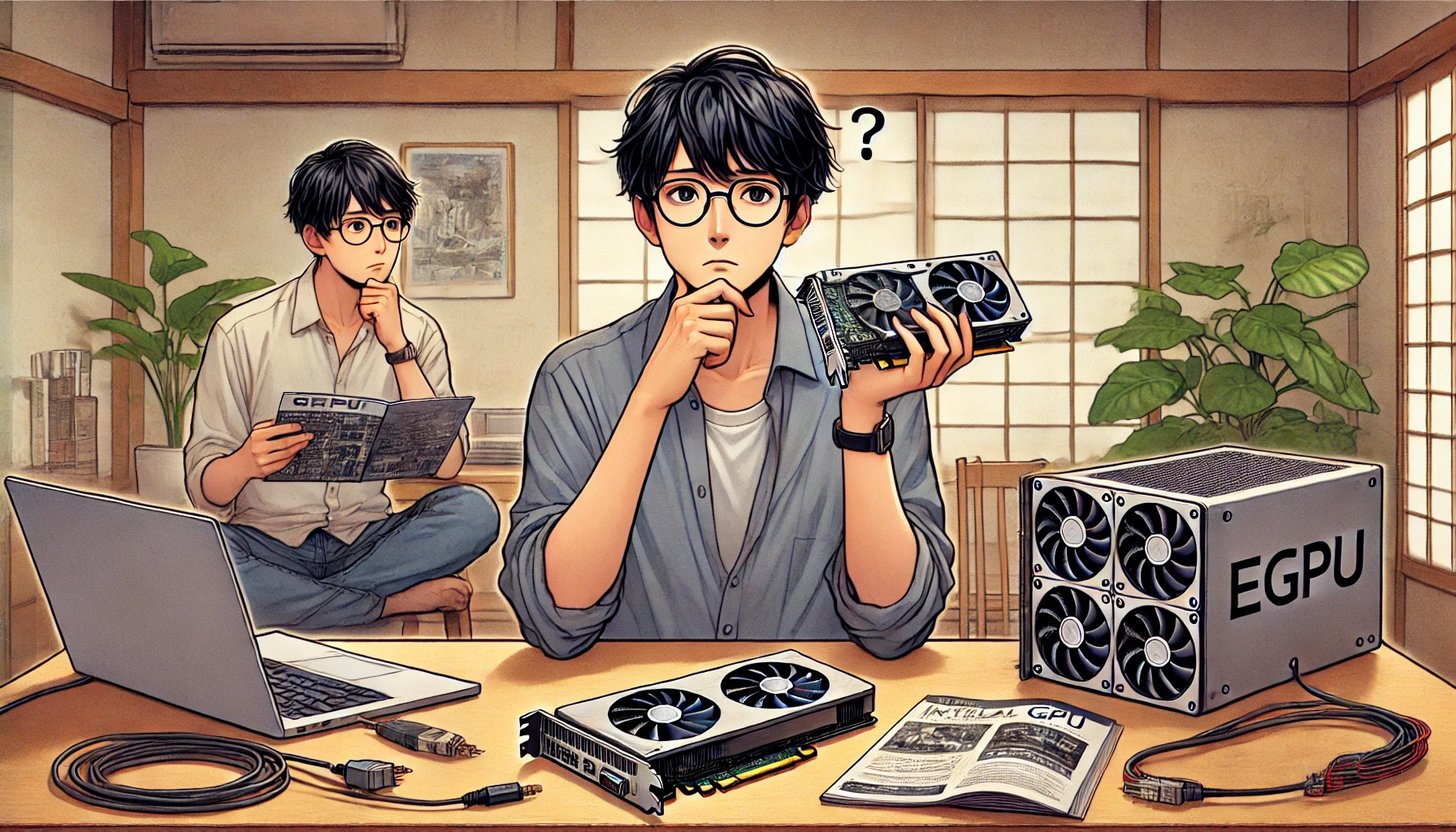 eGPUの導入を迷う日本人男性が、グラフィックカードと外付けGPUボックスを手にして悩んでいる作業机のイラスト