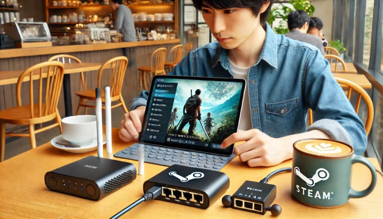 ホテルやカフェのような外出先で、iPadを使ってSteamゲームをストリーミングプレイしている日本人ユーザー。GL.iNetのような小型Wi-FiルーターやUSB-C有線LANアダプターなどの通信アクセサリーを活用し、安定したネット環境を整えている様子。