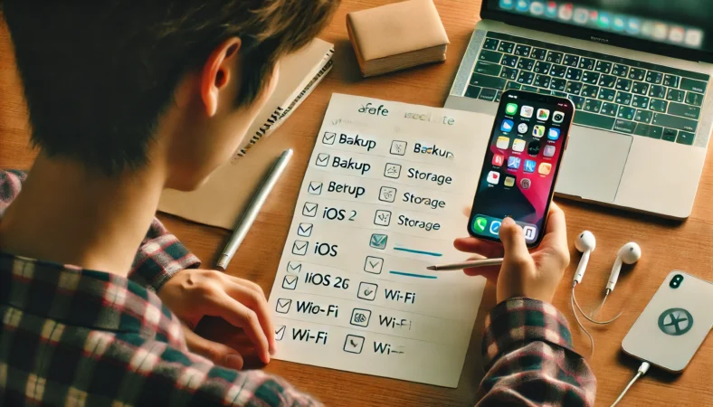日本人ユーザーがカフェのような外出先で、モバイルバッテリーと安定した回線を使いながらiPhoneのiOSアップデートを実施している様子。周囲は落ち着いた雰囲気で、更新に必要な条件が整った状態。