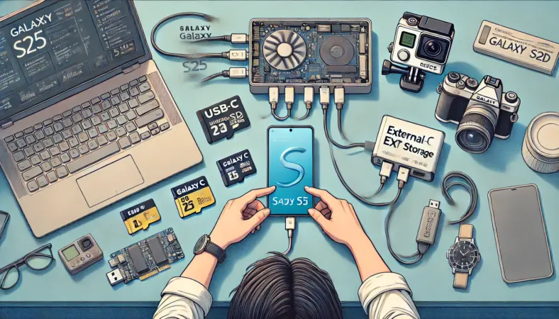 Galaxy S25と複数の外部ストレージ(USB-C接続の外付けSSD、microSDカード+カードリーダー、デュアルUSBフラッシュメモリ)を活用してデータ運用する日本人ユーザーのイラスト。机の上にはGoProやデジタルカメラ、ノートPCも並び、柔軟なストレージ活用が視覚的に示されている。