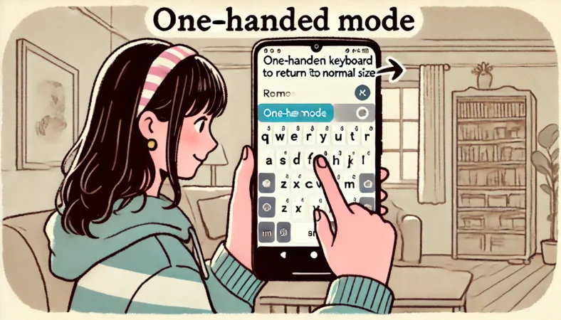 右寄せされたキーボードを通常表示に戻すため、Androidスマートフォンの片手モード解除を行っている日本人女性のイラスト。室内でリラックスした雰囲気。
