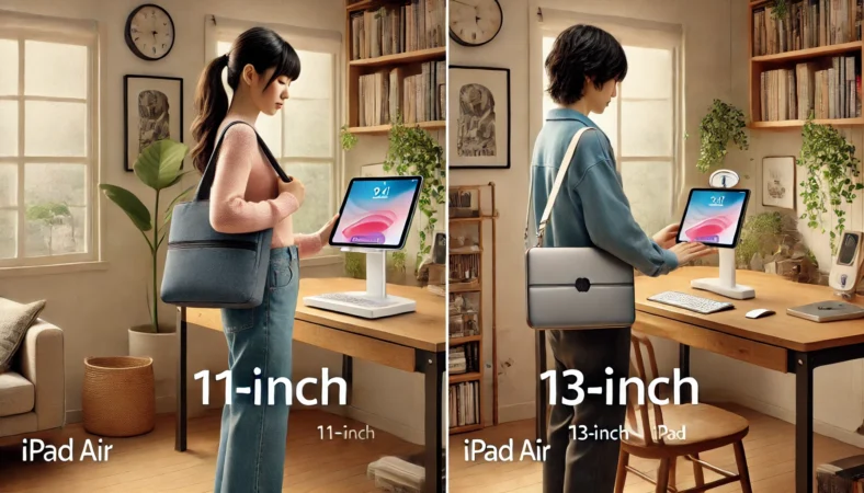 日本人女性が11インチiPadを軽々と肩掛けバッグに収納し、日本人男性が13インチiPadをスタンドとキーボード付きでデスク上に設置して使っている様子。重さと扱いやすさの違いが生活シーンを通して表現されている。