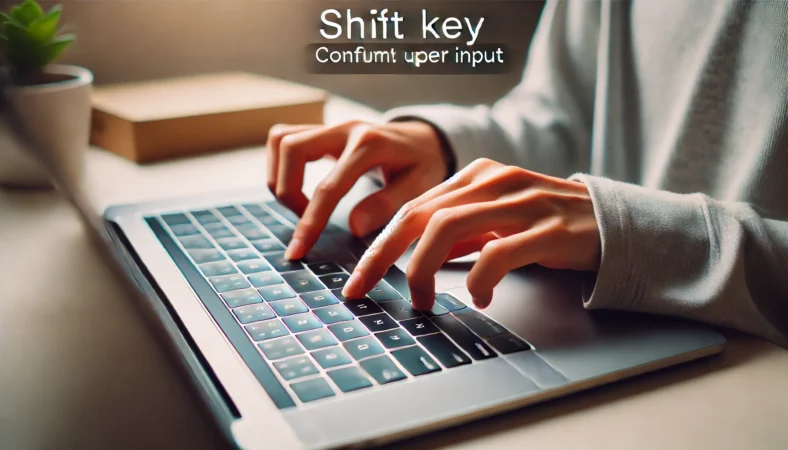 自宅のデスクでMacBookを使用中の日本人ユーザーが、Shiftキーを押しながら文字キーを打ち、大文字入力を確認している様子。カジュアルな室内環境で、MacBookのキーボード操作に集中しているシーン。