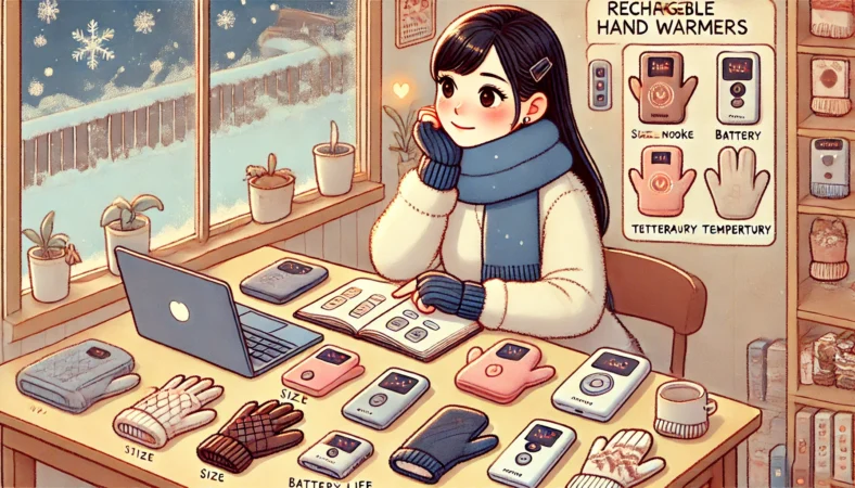 冬の室内で、日本人女性が複数の充電式カイロを前に比較検討している様子。ノートやノートパソコンを使いながら、温度設定やサイズなどの条件を考慮しているイラスト。テーブルには手袋やマフラーがあり、温かな雰囲気が伝わる。