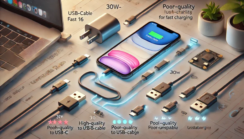 iPhone16の急速充電において、高品質なUSB-C to USB-Cケーブルと30W充電器を使用した安定した充電シーンと、粗悪ケーブルで不安定な充電になっているシーンを比較したイラスト。信頼性の高いケーブル選びの重要性を視覚的に伝えている。