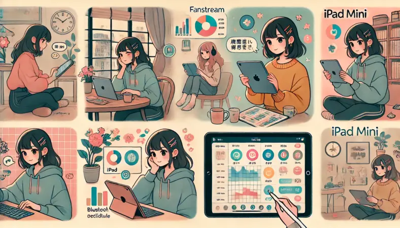 カフェで推し活を楽しむ日本人女性、家計簿やスケジュールをiPad miniで管理する姿、自宅でBluetoothキーボードとApple Pencilを使って勉強している様子を描いた、かわいく柔らかい雰囲気のイラスト。