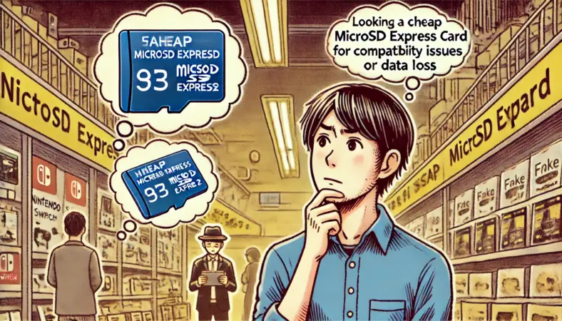 安価なmicroSD Expressカードを前に購入をためらう日本人ゲーマーが、偽物・互換性問題・データ消失などのリスクを思い浮かべている不安げな表情のイラスト。オンラインショップ風の背景が不安感を強調している。