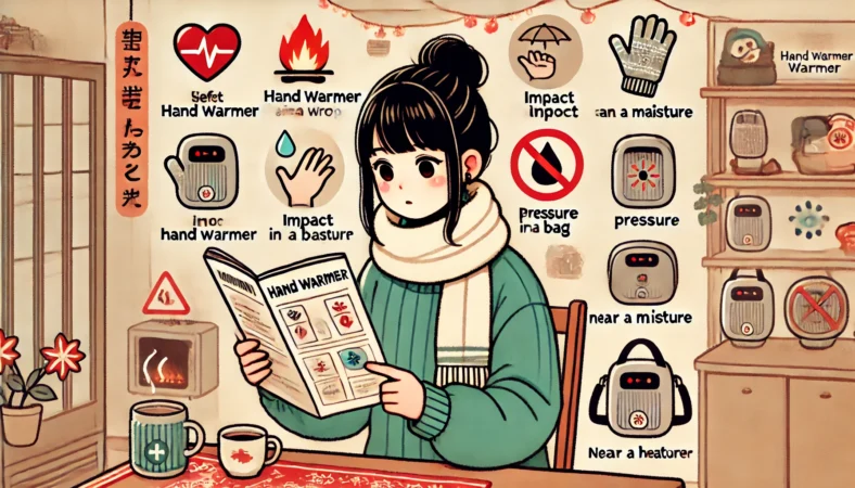 日本人女性が取扱説明書を読みながら充電式カイロの安全性を確認している様子。横には落下・圧迫・高温・水濡れの危険シーンが並んで視覚的に示されている。冬の家庭内で撮影された安全意識の高いイラスト。