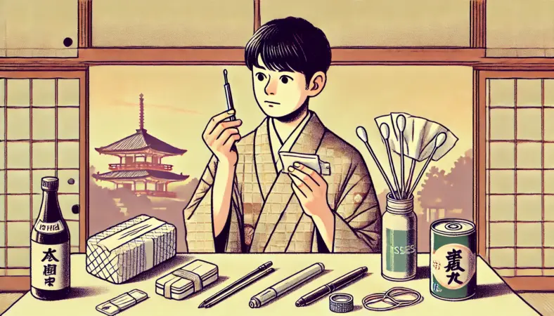 スマホのタッチペン代用品を探すために、綿棒・アルミホイル・ティッシュ・輪ゴムなどをテーブルに並べ、真剣な表情で考えている日本人の人物を描いた家庭内のイラスト。