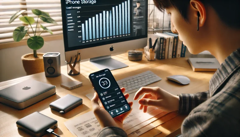日本人ユーザーがデスクでiPhoneのストレージ設定を開き、容量管理を行っている様子。外付けストレージやパソコンを活用して、iOSアップデート前に空き容量を確保している場面。