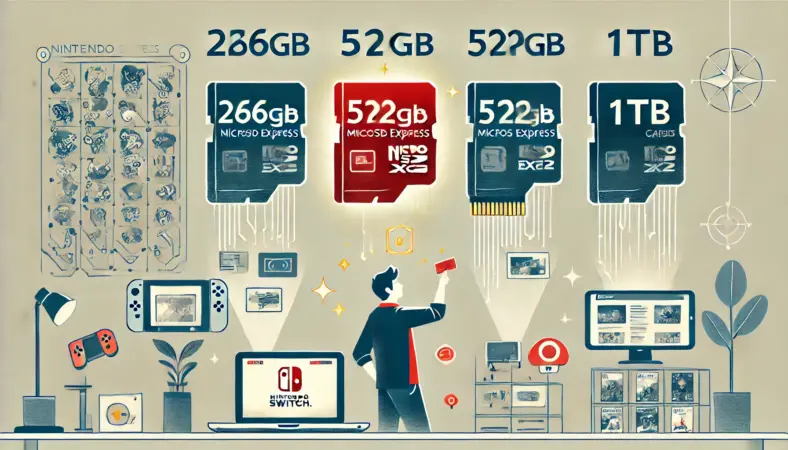 Nintendo Switch 2のmicroSD Expressカード容量を比較する日本人ユーザーが、256GB・512GB・1TBの選択肢を前に検討しているイラスト。512GBカードが光っており、バランスの良い選択肢であることを強調している。