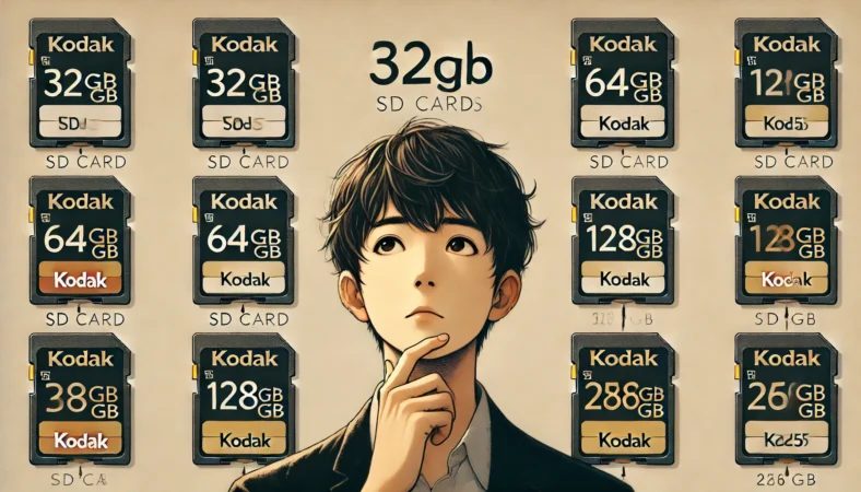 32GB、64GB、128GB、256GBのSDカードが順に並べられ、日本人の人物が64GBと128GBを手に取り悩んでいる様子。FZ55に最適な容量を選ぶための比較を視覚的に表現したシーン。