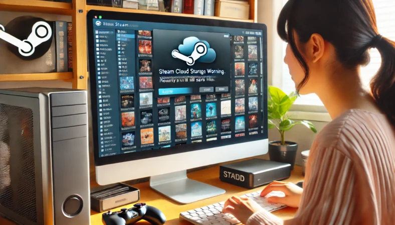 Steamクラウドの容量上限に達し、外付けSSDやHDDを使ってセーブデータを整理・退避しようとしている日本人ユーザーのデスク環境。