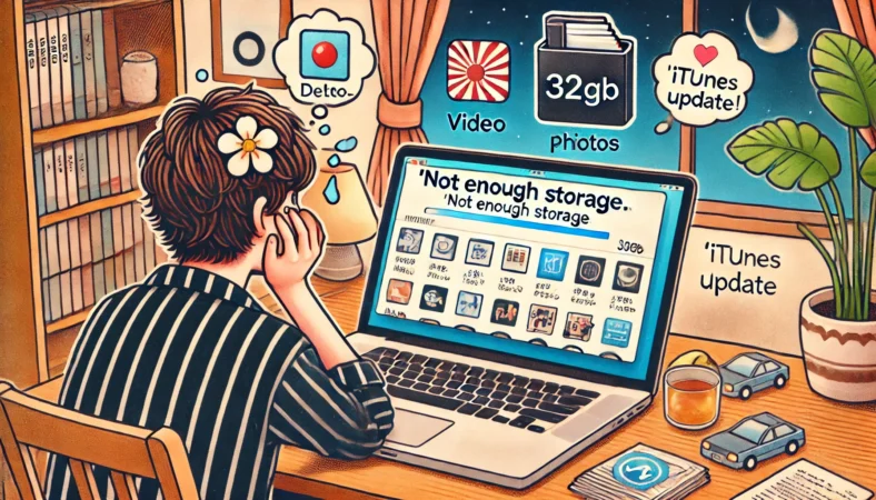 日本人が32GBのiPadのアップデート中に「空き容量不足」のエラーで困っている様子。デスクでアプリや動画を削除して空き容量を作ろうとしており、画面には容量バーがほぼ満タンで表示されている。