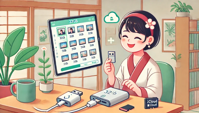 日本人女性が32GBのiPadにLightning接続のUSBメモリを接続し、ファイルアプリで写真や動画を外部ストレージに移動している様子。背景にはクラウドやSDカードのイメージも描かれ、効率的に容量不足を解消しているシーン。
