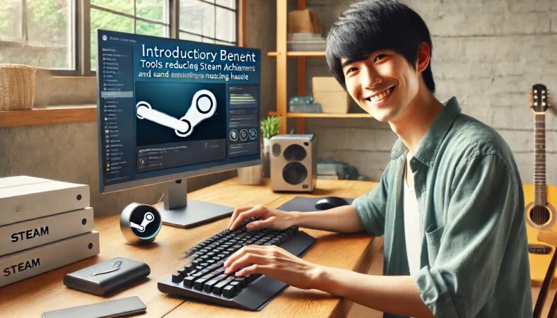 Steam DeckとPCを使いながら、キーボードとマウスの操作で効率的に実績確認を行っている日本人男性。ツール活用で手間を減らすメリットを体現している様子。