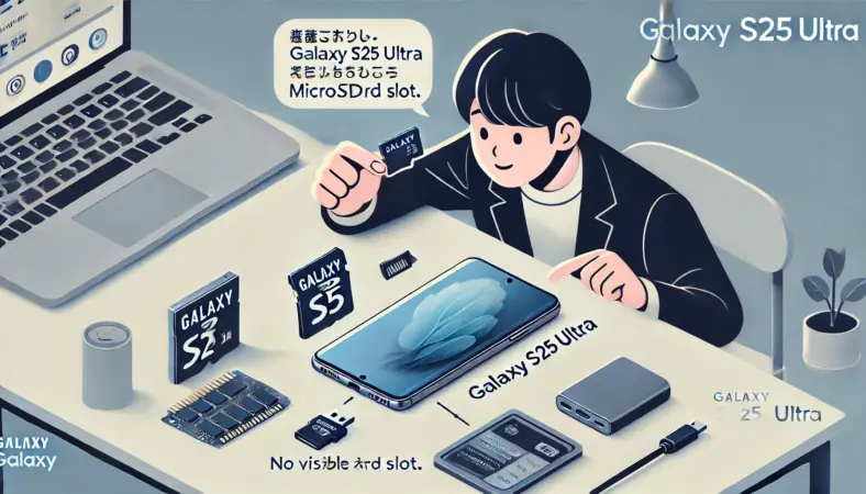 Galaxy S25 Ultraを手に取り、microSDカードスロットがあるか確認している日本人ユーザーのイラスト。スマートフォンの近接ビューではスロットが存在しない様子が描かれ、近くにUSB-Cカードリーダーやノートパソコンも配置されている。