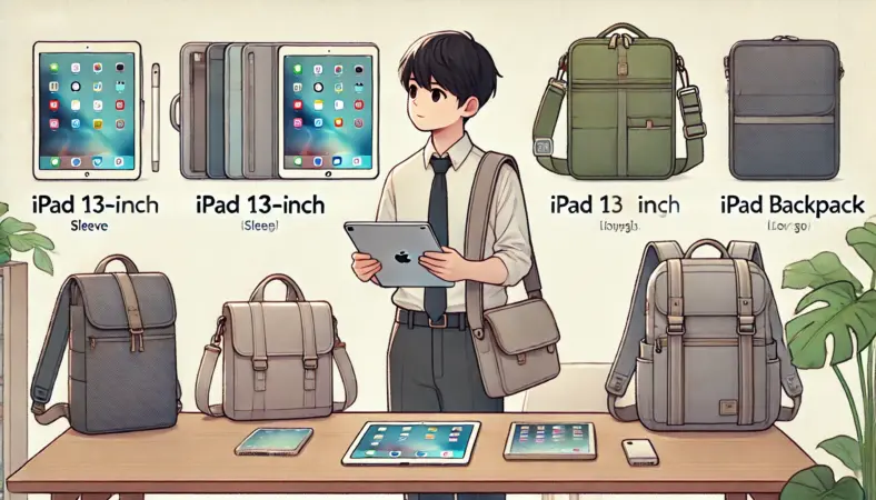 13インチiPadと周辺アクセサリを机に広げ、スリーブ、スリングバッグ、バックパックの3種を見比べながら検討している日本人の姿を描いたイラスト。使用目的に応じた選び方の重要性が伝わる構図。