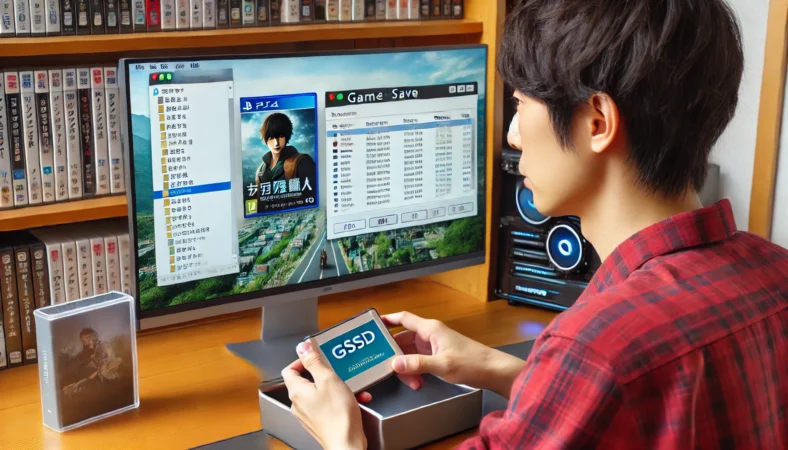 ポータブルSSDからゲームのセーブデータをPCに復元している日本人ユーザー。自宅の机で慎重にフォルダを開き、ファイルをコピーしている様子。画面にはセーブデータのファイルが表示されている。