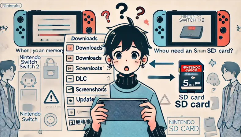 Nintendo Switch 2を手にした日本人ユーザーが、SDカードの必要性に悩みながらチェックリストを確認しているイラスト。背景には「メモリ不足」と「快適な保存環境」2つの選択肢が浮かび、迷いの状況を視覚的に表現。