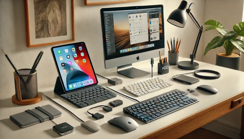 トラックパッド付きキーボードケースを装着したiPad、Bluetoothマウス、調整可能なスタンド、USB-Cハブ、外付けSSDが整然と並んだ、快適な作業環境のホームオフィスデスクの様子。