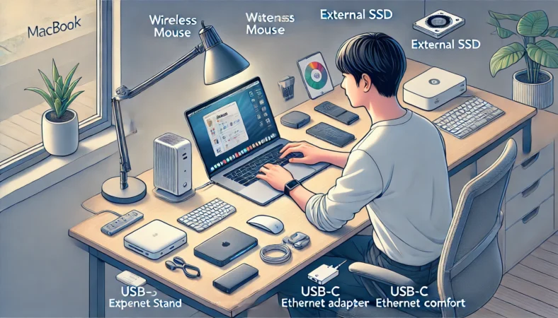 MacBookでGoogle Chromeを快適に使うため、ワイヤレスマウス、外付けSSD、ノートPCスタンド、USB-Cイーサネットアダプタ、GaN急速充電器などの周辺機器が整然と並ぶデスクで作業する日本人ユーザーの様子。