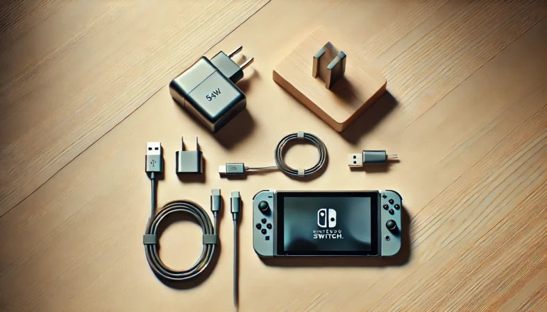 木目のデスク上に整然と配置されたSwitch2用の充電最適アクセサリー。54W対応のUSB-C電源アダプター、調整可能な充電スタンド、L字型USB-Cケーブルが明るくミニマルな構成で並んでいる。日本的な整頓美を感じさせる構図。