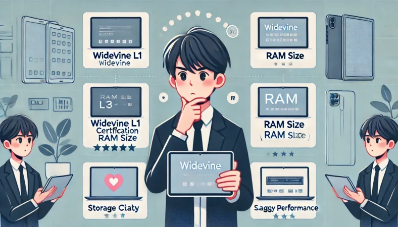 日本人男性がタブレットのスペック(Widevine L1、RAM、ストレージ)を比較検討しており、性能の違いや失敗しやすいポイントを避けようとしている様子のイラスト