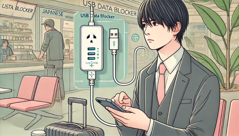 公共の場でUSBデータブロッカーを使用してスマートフォンを充電する日本人を描いたイラスト。個人情報保護と情報漏洩対策の重要性を示すシーン。