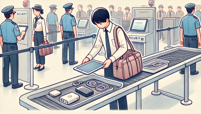 空港の保安検査場で、iPadをトレーに出して検査準備をする日本人乗客のイラスト。トレーにはiPadのほかにモバイルバッテリーや充電器、小物ポーチが並び、スムーズな検査の様子が描かれている。