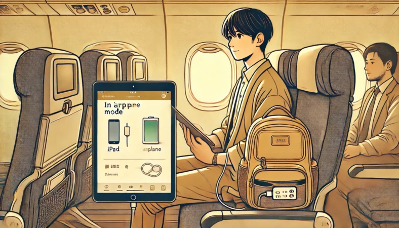 飛行機内でiPadを機内モードに設定し、モバイルバッテリーとケーブルを準備している日本人旅行者のイラスト。座席横のバッグには周辺機器が整理されており、穏やかにフライト準備をする様子が描かれている。