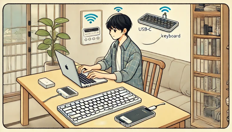 Logicoolワイヤレスキーボードが使えなくなった場面で、日本人ユーザーがUSB-C接続の有線キーボードを使ってノートPCで作業を続けている様子。隣には未接続のワイヤレスキーボードが置かれた、整った室内作業環境。