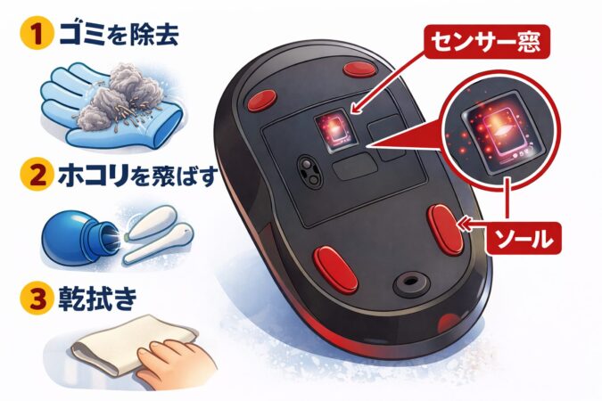 掃除すべき場所「センサー窓」と「ソール」