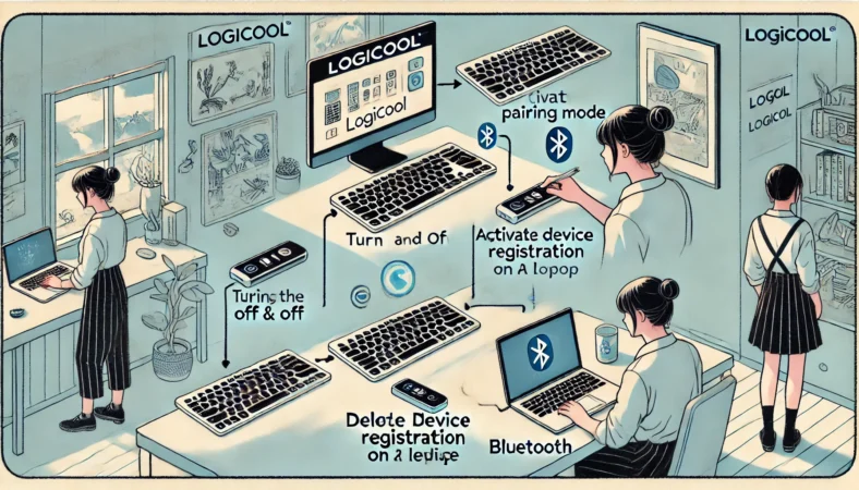 Logicoolキーボードの接続トラブルを解決するために、日本人ユーザーが順を追って対処している様子。電源の入れ直し、ペアリングモードの確認、Bluetoothの再起動、登録解除、端末に近づけるなどのステップが図解形式で描かれている。