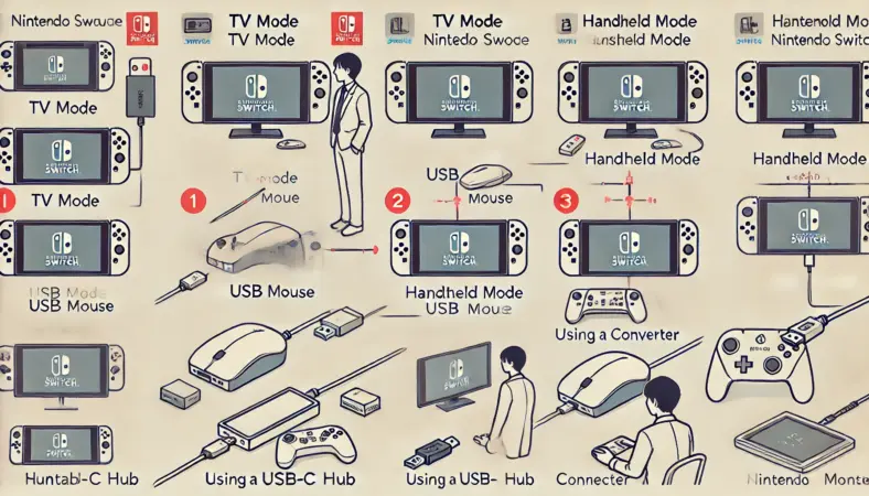 Nintendo Switchにマウスを接続する3つの方法（TVモード＋ドック＋USB、有線ハブ経由での携帯モード、コンバーター経由）を日本人ユーザーが実演しているイラスト。モダンな和風空間にそれぞれの接続スタイルが描かれている。