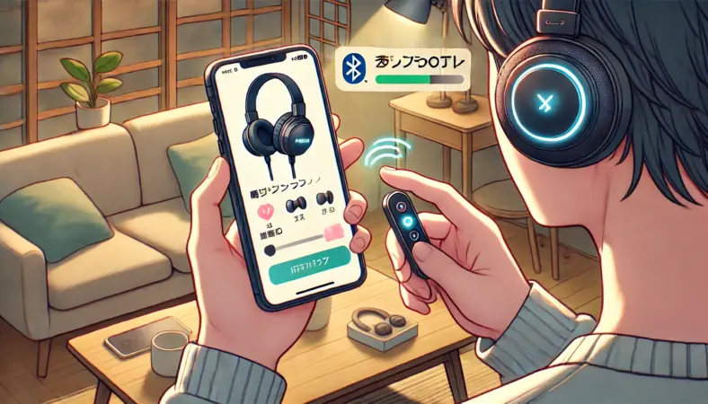 ダイソーのBluetoothヘッドホンを片手に持ちながら、もう一方の手でスマートフォンのBluetooth設定画面を操作し、素早く接続しようとしている日本人のイラスト。LEDが点滅しペアリング状態であることが描かれている。