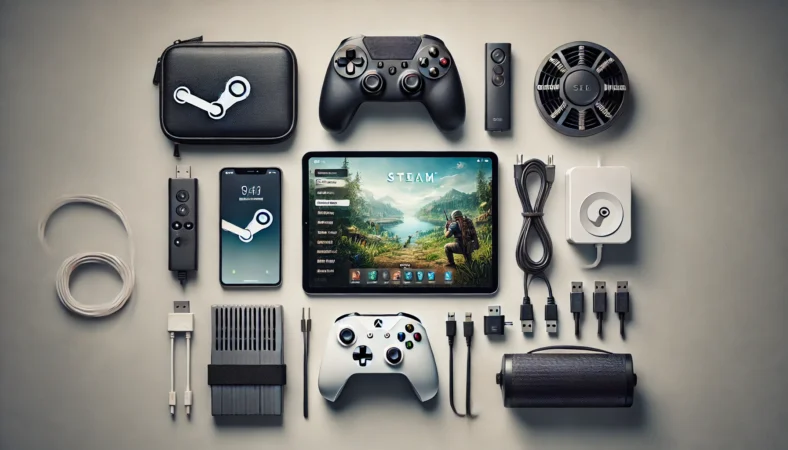 iPadでSteamを快適に遊ぶための厳選周辺機器をまとめて配置したフラットレイ。iPadスタンド、ゲームコントローラー、トラベルルーター、有線LANアダプタ、モバイルバッテリーなど、最小構成が分かる実用的なセットアップ。