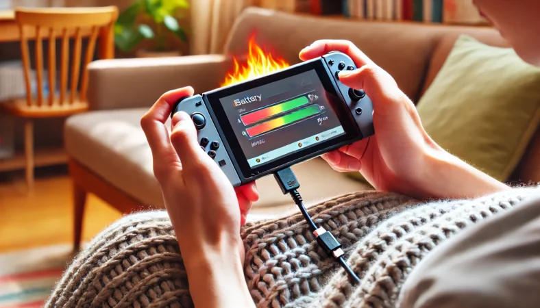 日本人プレイヤーがソファでブランケットに包まれながらSwitch2を携帯モードでプレイ。手が排気口にかかり、L字型ケーブルで充電中だが熱がこもりバッテリーが減っている様子。