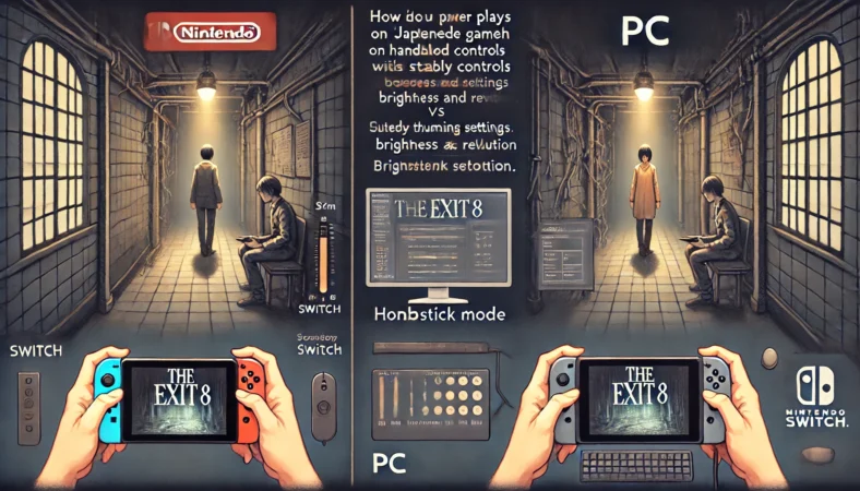 『8番出口』をSwitchとPCでプレイする日本人プレイヤー2人の比較イラスト。Switch側は落ち着いた操作でスティック移動、PC側はマウスとキーボードで設定を細かく調整しており、操作性とカスタマイズ性の違いが表現されている。