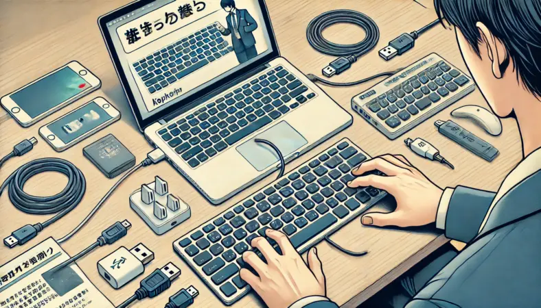 日本人ユーザーが予備の有線キーボードを接続し、ノートパソコンの反応を確認しているイラスト。デスクにはワイヤレスキーボードとUSB-C変換アダプタ、延長ケーブルなども整然と配置され、トラブル対応への備えが強調されている。