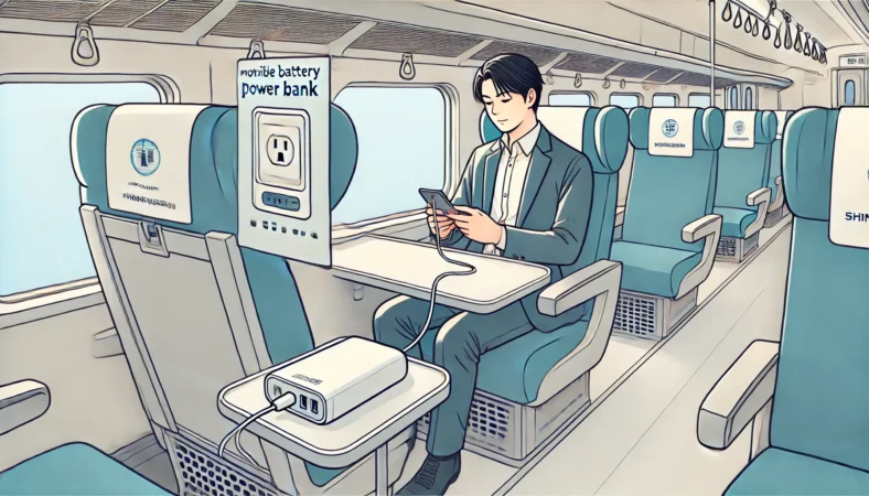 新幹線のぞみの座席で、日本人乗客が膝の上のモバイルバッテリーからスマートフォンを充電している様子のイラスト。車内のACコンセントは使われておらず、自前の電源で安心している様子が描かれている。